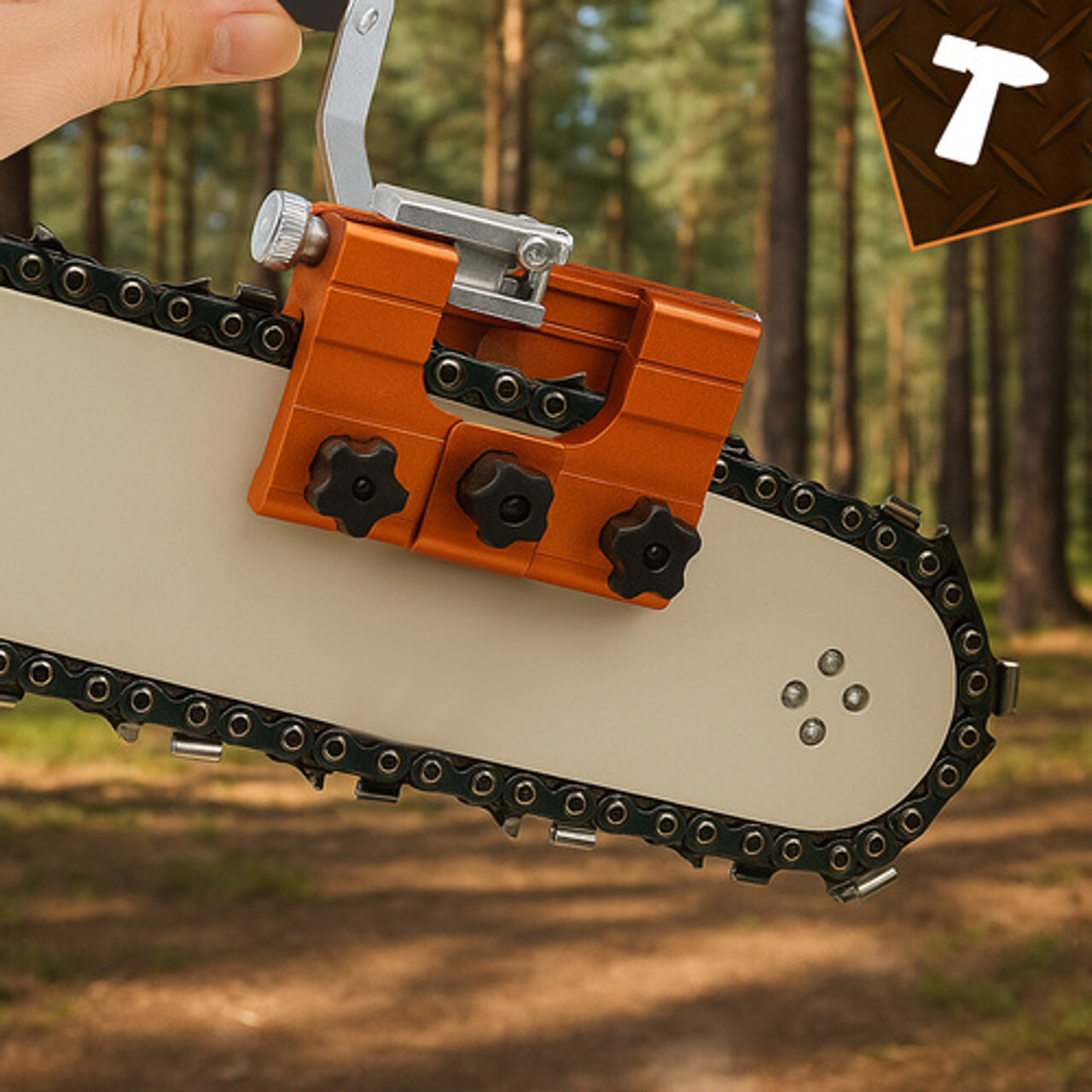 Narančasti šablon za oštrenje pričvršćen na lanac motorne pile; precizan vodič za brzo brušenje zuba i održavanje lanca u terenskim uvjetima.