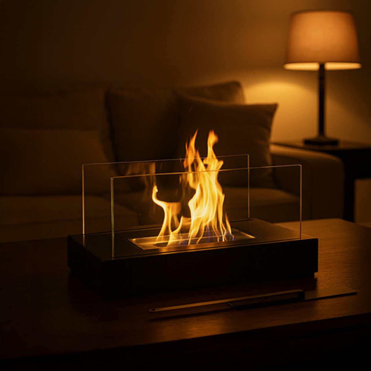 Moderni stolni kamin s plamenom u dnevnom boravku uz kauč i osvijetljenu lampu.