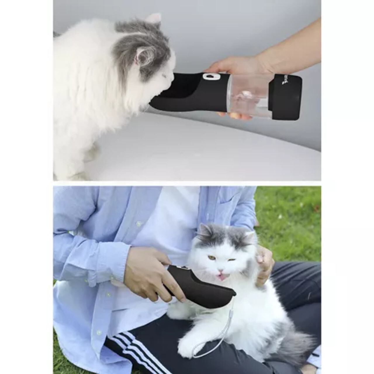 Purlov boca s posudom za vodu za pse i mačke crna Mačka pije iz Purlov boce s ugrađenom posudom za vodu, praktičan prijenosni poilator za šetnje i putovanja s kućnim ljubimcima.