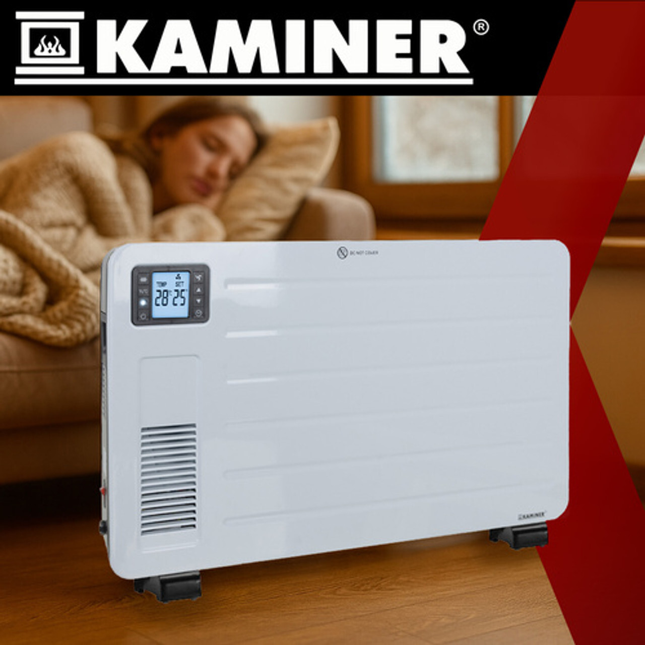 Kaminer Ziflo 26402 bijeli panel/konvektor – LCD, termostat i tihi rad Bijeli električni radijator Kaminer Ziflo 26402 s LCD ekranom na točkovima u dnevnom boravku; tihi rad, termostat i tajmer dok osoba odmara na sofi.