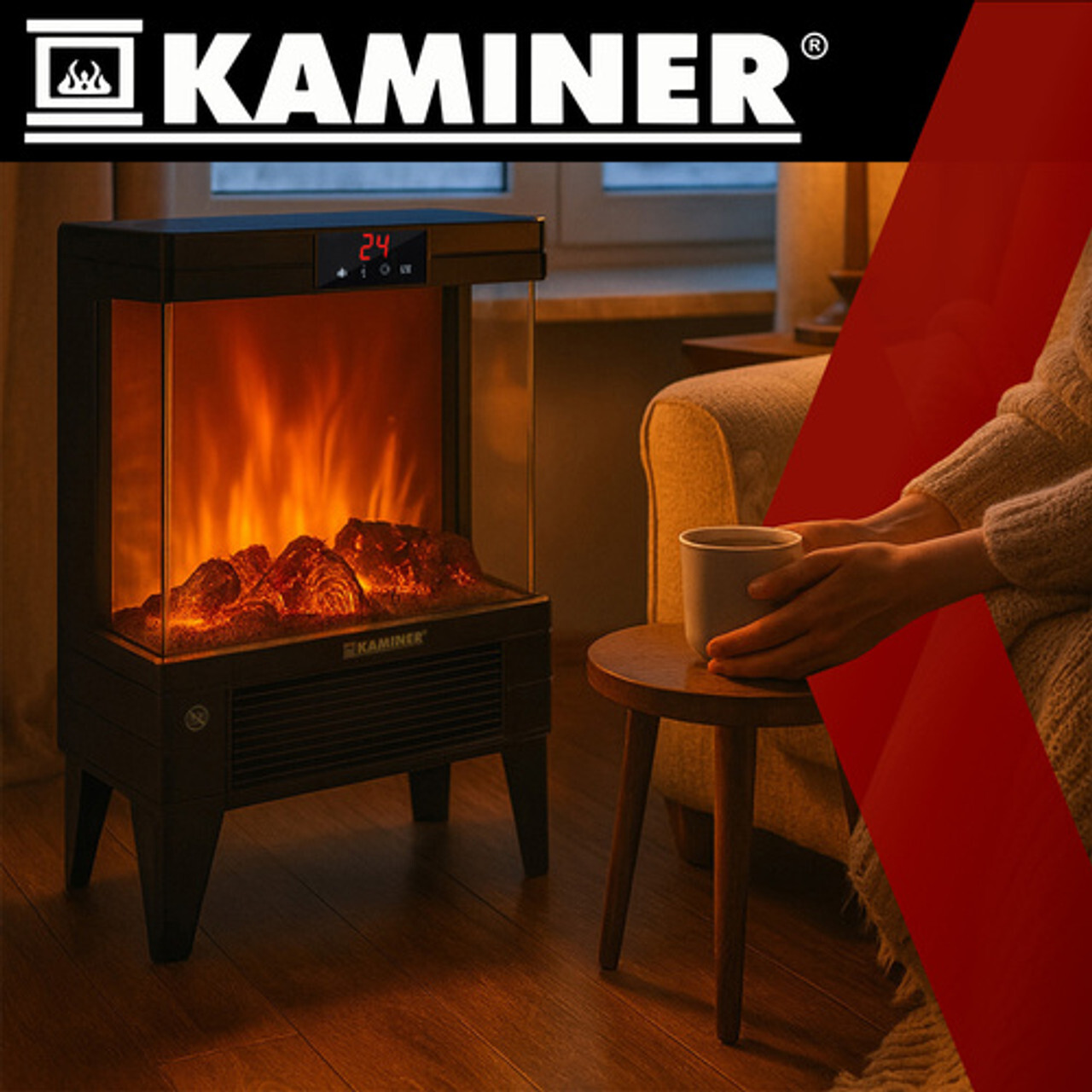 Kaminer električni kamin s LED efektom plamena – ugođaj i grijanje bez dima Električni kamin Kaminer s LED efektom plamena uz sofu u dnevnom boravku; toplo ambijentalno svjetlo i sigurno grijanje s prikazom temperature.
