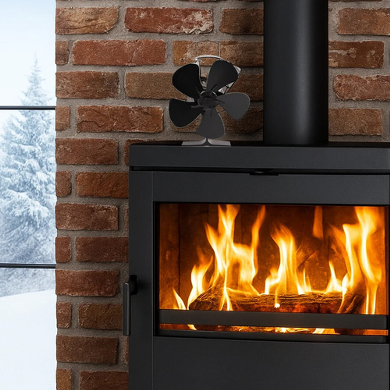 Moderni ventilator za peć na drva s vidljivim plamenom, uz zid od crvenih opeka i prozor kroz koji se vidi zimski snježni krajolik.