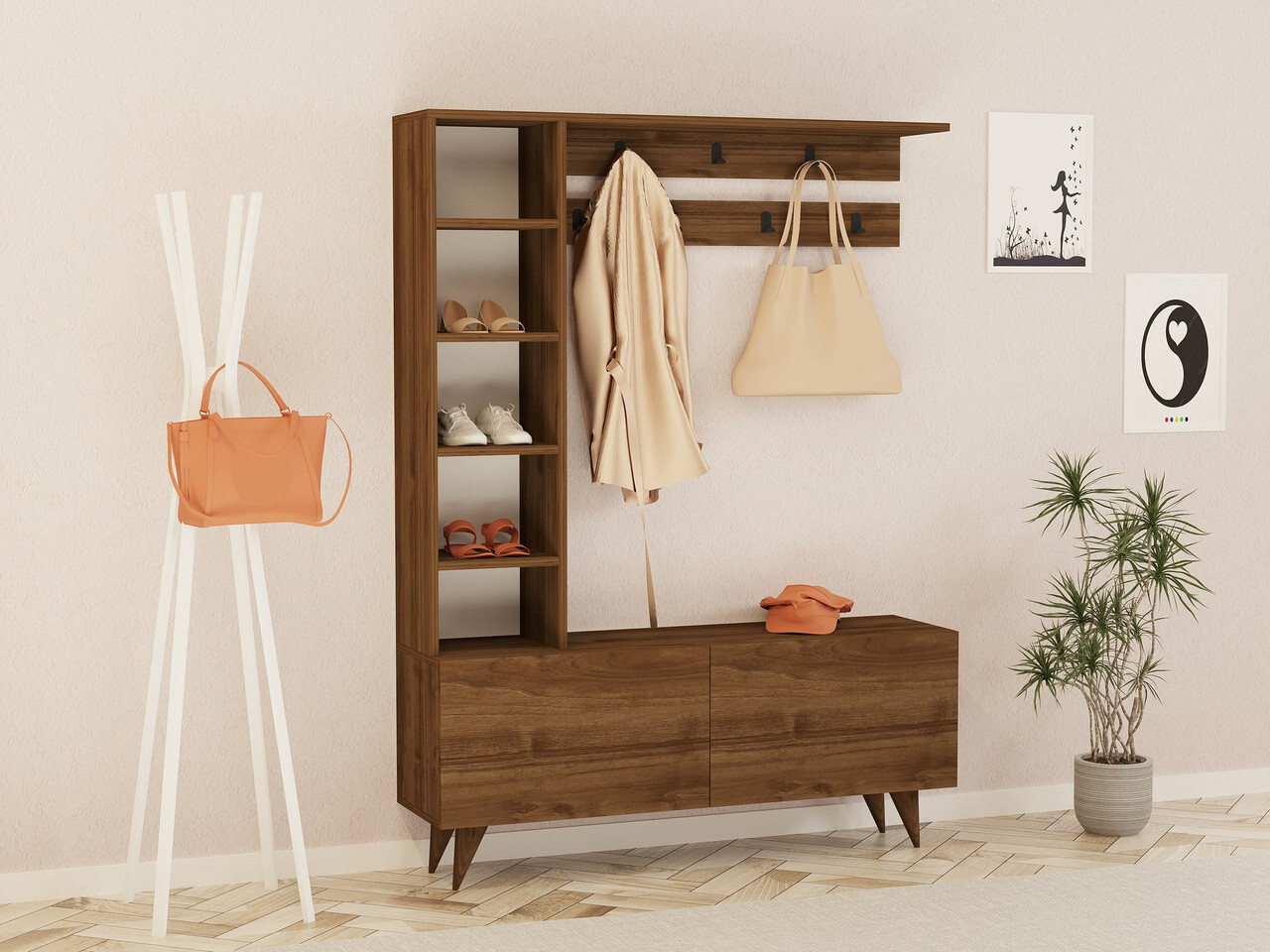 Set za hodnik orah dekor – otvorene police, panel s kukama i niski ormarić s nogicama Komplet za hodnik u orah dekoru: visoki modul s otvorenim policama, zidni panel s kukama i gornjom policom te niski ormarić s kosim nogama – praktično rješenje za organizaciju ulaza.