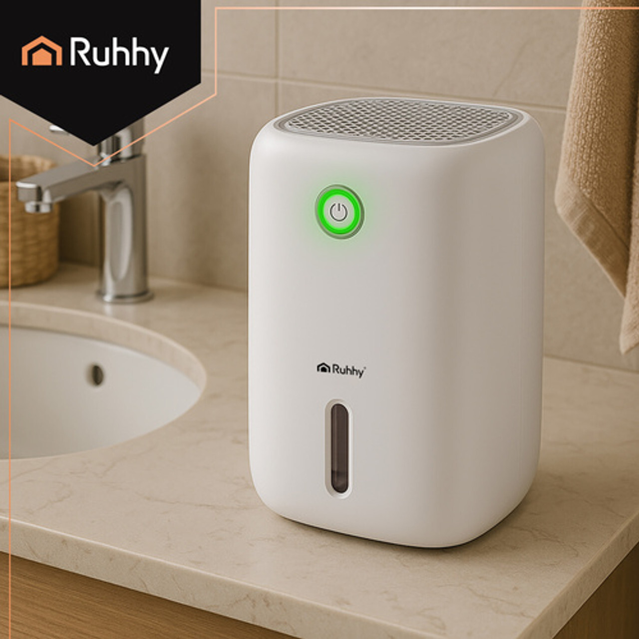 RUHHY 26829 odvlaživač zraka – kompaktan, tih 30 dB, spremnik 800 ml Odvlaživač zraka RUHHY 26829 na kupaonskoj polici; kompaktan za stan/spavaću/kupaonicu, uklanja do 330 ml dnevno, spremnik 800 ml s automatskim isključivanjem, tihi rad oko 30 dB.