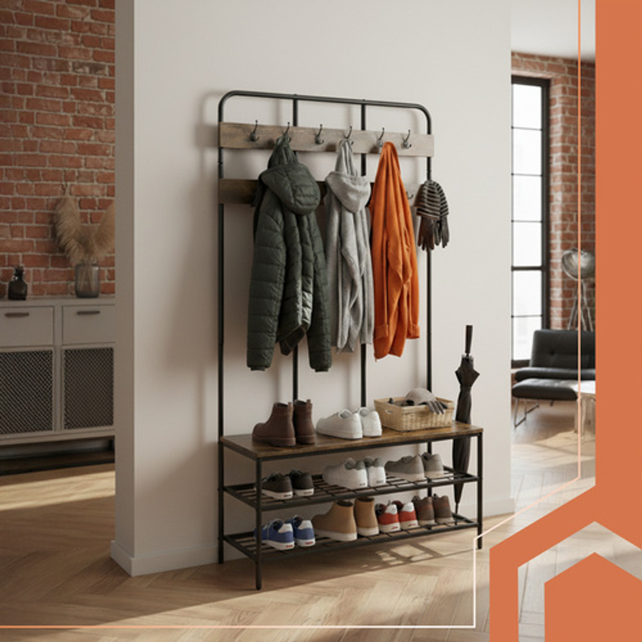 Regal za hodnik s klupom i vješalicama 182 cm – crni metal i drvo, industrijski stil Samostojeći regal za hodnik s klupom, dvije police za cipele i gornje kuke; crni metalni okvir s drvenim pločama, visina 182 cm – rješenje za uske ulaze.