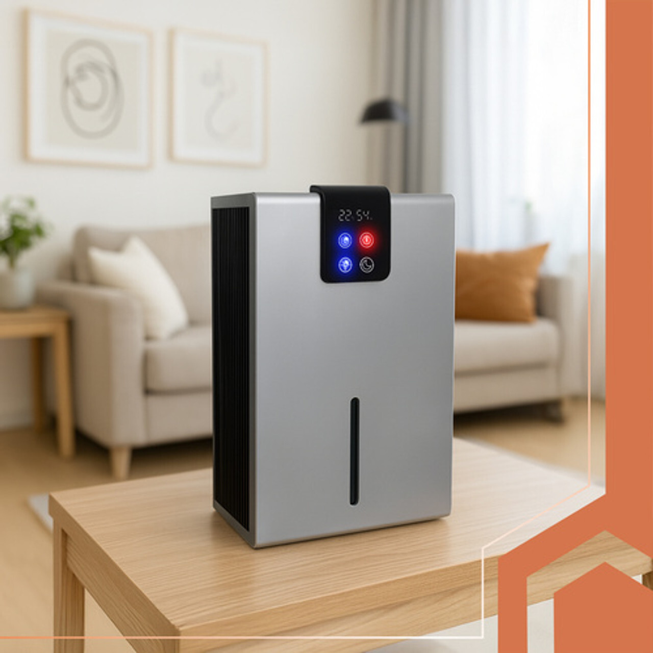 Odvlaživač zraka RUHHY 26496 – Peltier 1000 ml/dan, spremnik 2,2 l Srebrni RUHHY 26496 na stoliću u dnevnoj sobi; Peltier odvlaživač s higrostatom i mjerenjem vlage/temperature, kapacitet 1000 ml/dan, spremnik 2,2 l, tihi rad, LED 7 boja, daljinski.