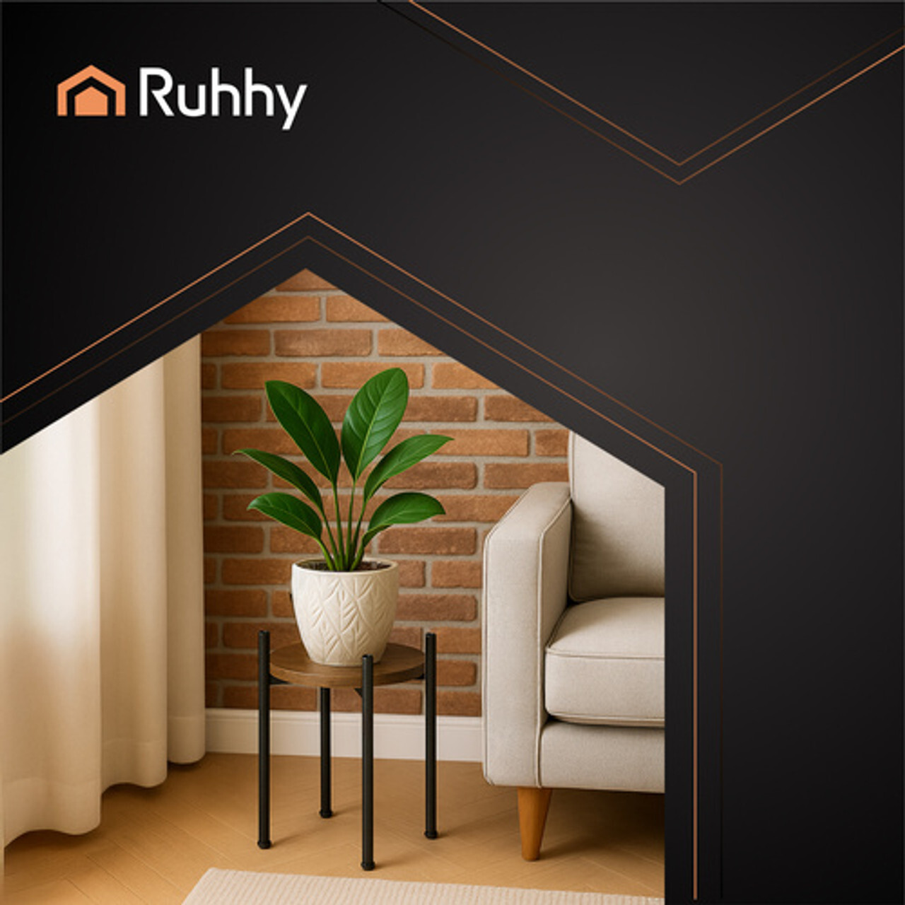 Mali stalak za cvijeće Ruhhy visine 41 cm s okruglom drvenom pločom i crnim metalnim nogama pored bež sofe u modernom dnevnom boravku s zidom od cigle.